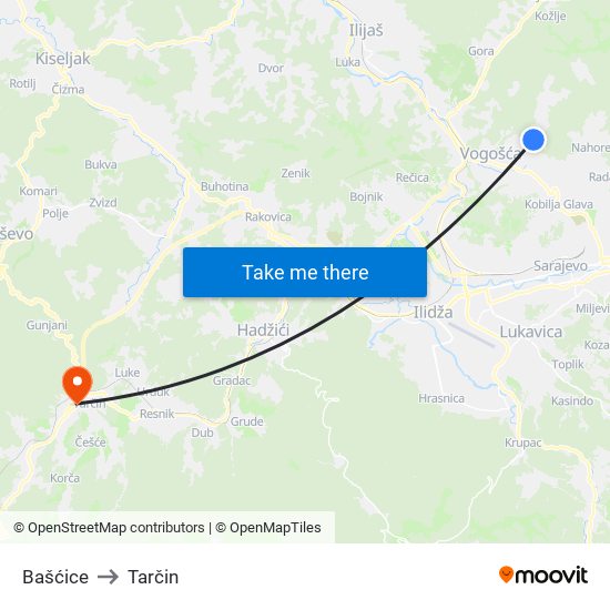 Bašćice to Tarčin map