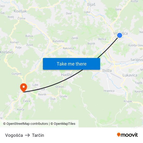 Vogošća to Tarčin map