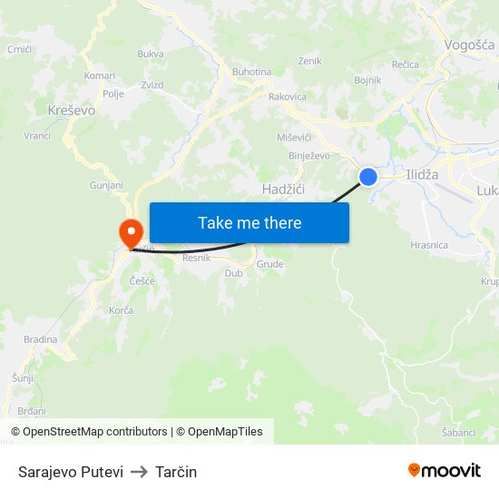 Sarajevo Putevi to Tarčin map