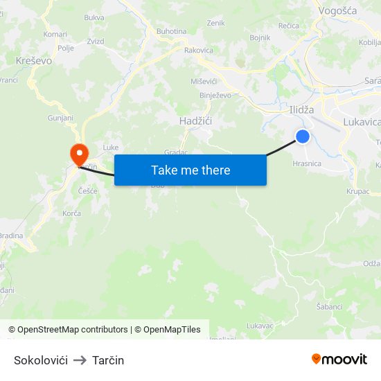 Sokolovići to Tarčin map