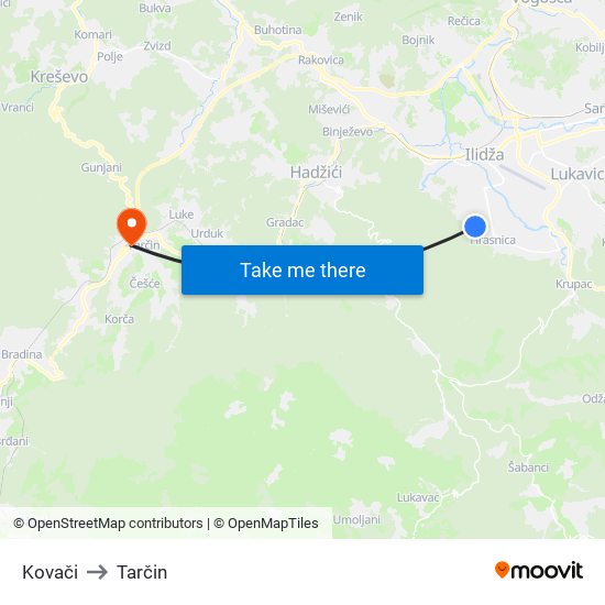 Kovači to Tarčin map