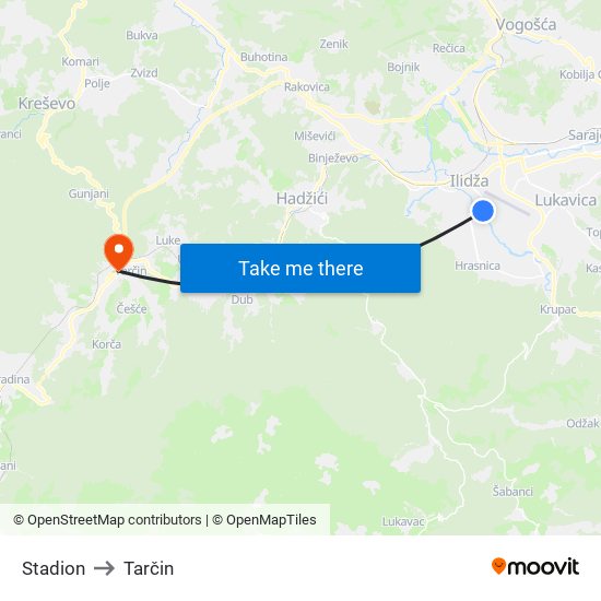 Stadion to Tarčin map
