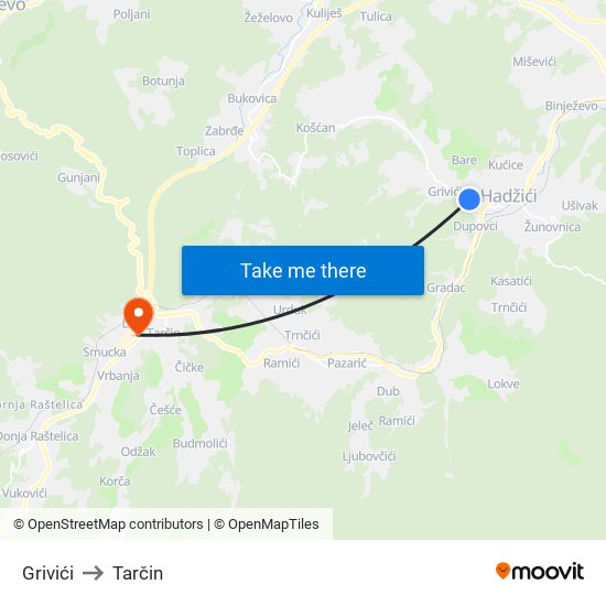 Grivići to Tarčin map