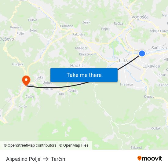 Alipašino Polje to Tarčin map