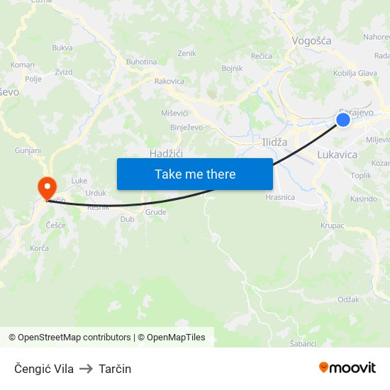 Čengić Vila to Tarčin map