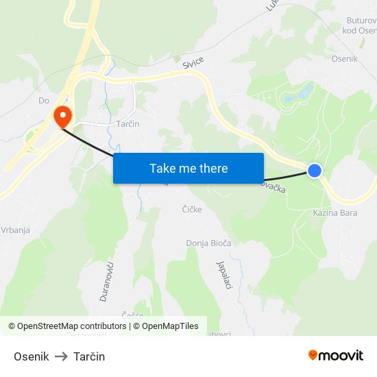 Osenik to Tarčin map