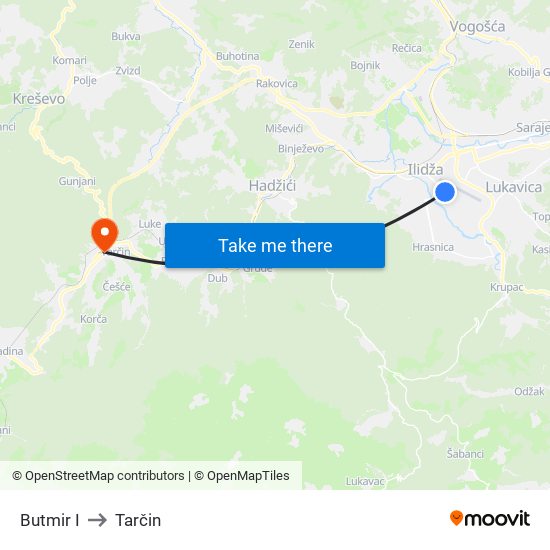 Butmir I to Tarčin map