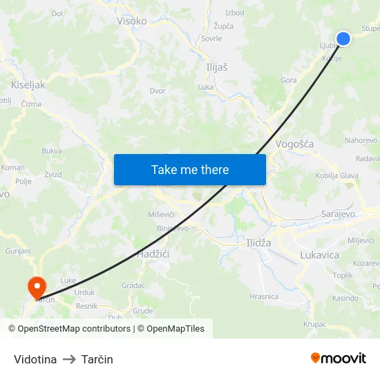 Vidotina to Tarčin map