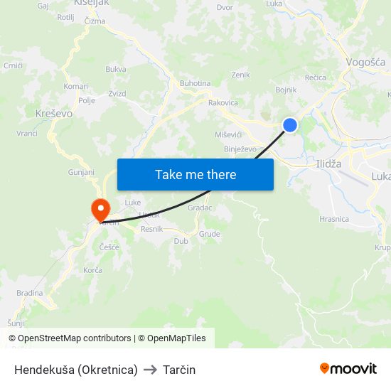 Hendekuša (Okretnica) to Tarčin map