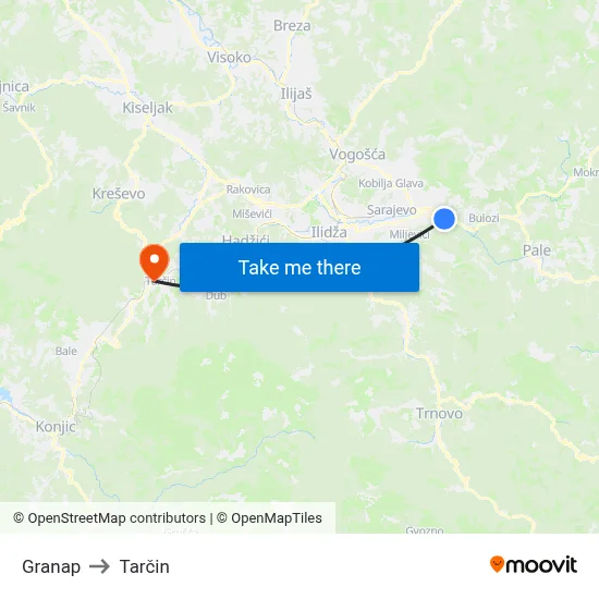 Granap to Tarčin map