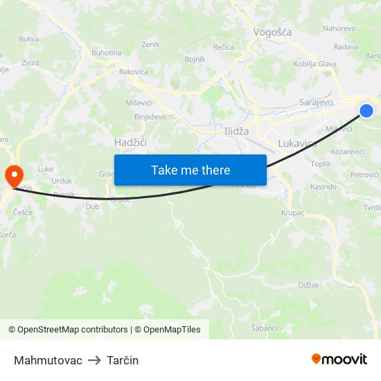 Mahmutovac to Tarčin map