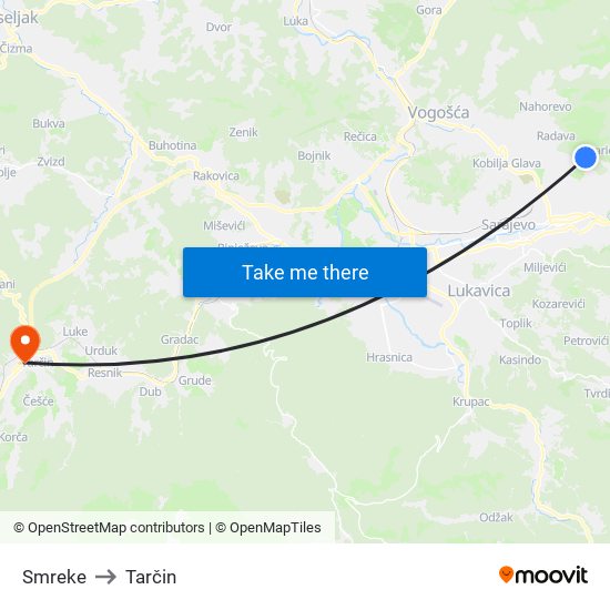 Smreke to Tarčin map