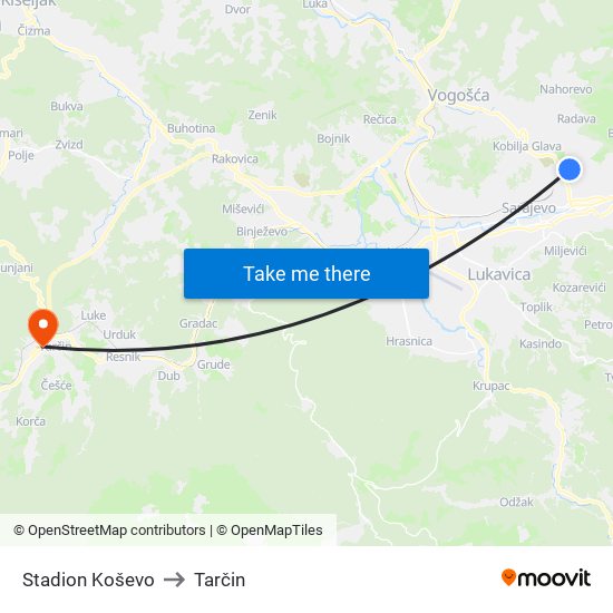 Stadion Koševo to Tarčin map