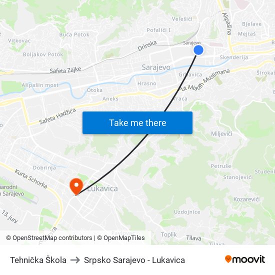 Tehnička Škola to Srpsko Sarajevo - Lukavica map