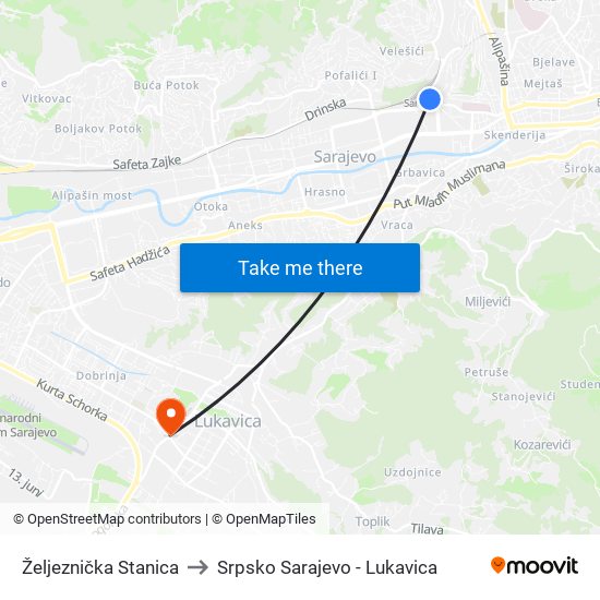 Željeznička Stanica to Srpsko Sarajevo - Lukavica map