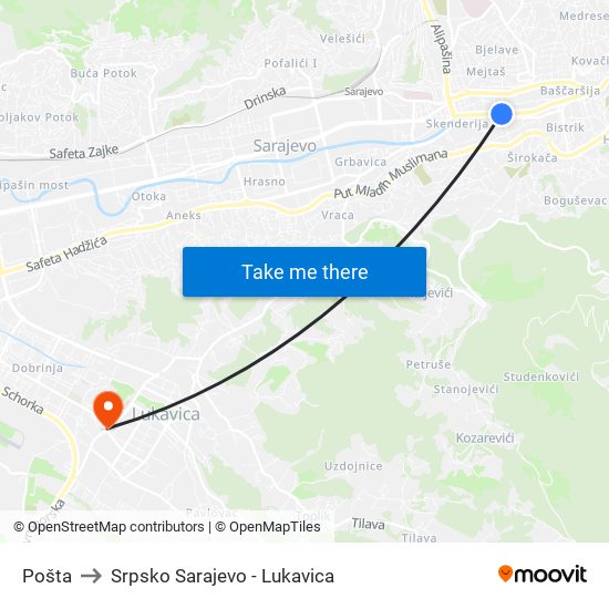 Pošta to Srpsko Sarajevo - Lukavica map