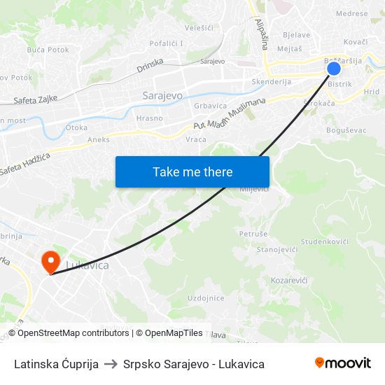 Latinska Ćuprija to Srpsko Sarajevo - Lukavica map