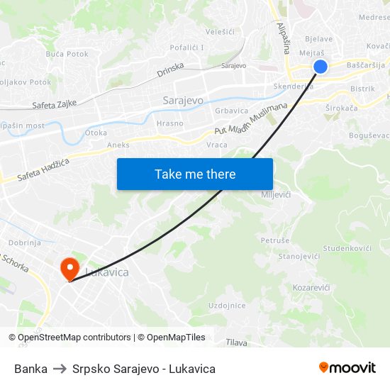 Banka to Srpsko Sarajevo - Lukavica map