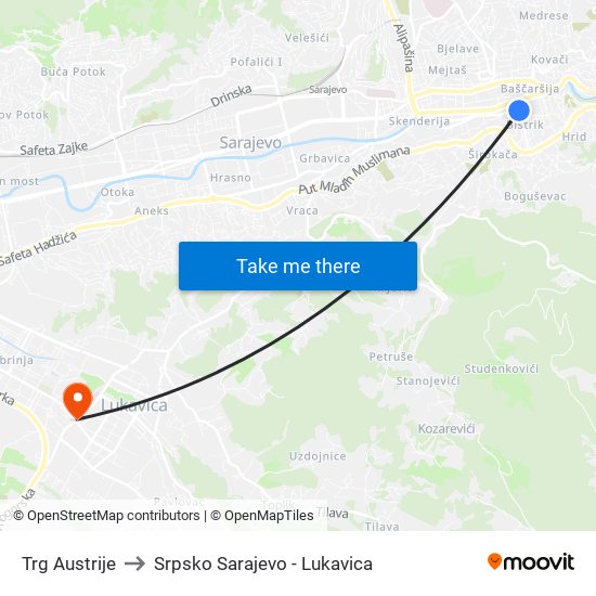 Trg Austrije to Srpsko Sarajevo - Lukavica map