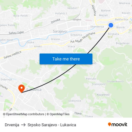 Drvenija to Srpsko Sarajevo - Lukavica map