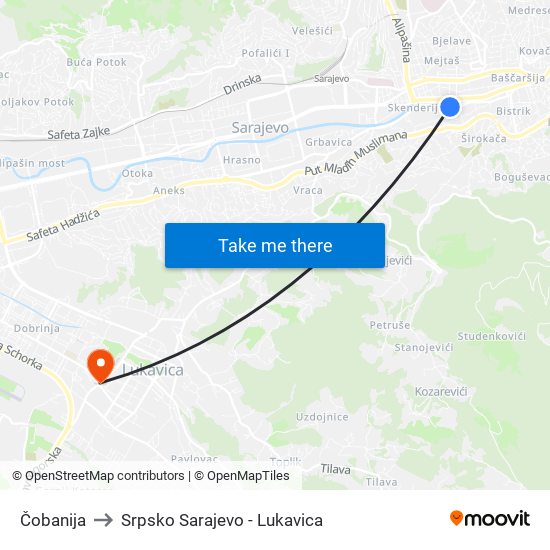 Čobanija to Srpsko Sarajevo - Lukavica map