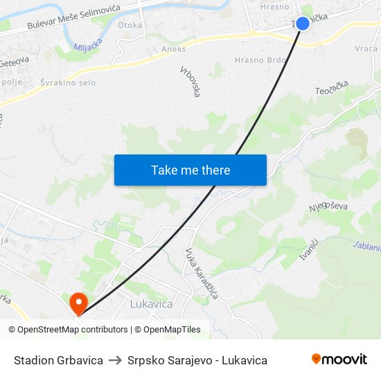 Stadion Grbavica to Srpsko Sarajevo - Lukavica map