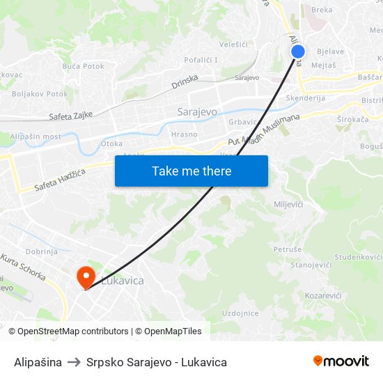 Alipašina to Srpsko Sarajevo - Lukavica map