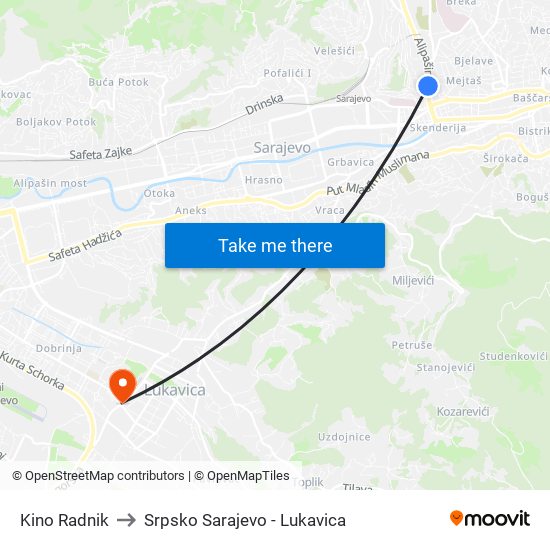 Kino Radnik to Srpsko Sarajevo - Lukavica map