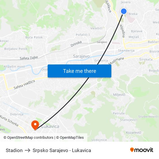 Stadion to Srpsko Sarajevo - Lukavica map