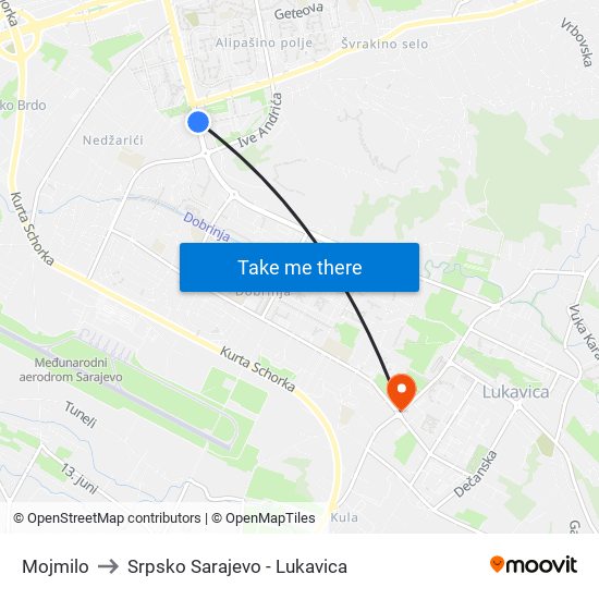 Mojmilo to Srpsko Sarajevo - Lukavica map