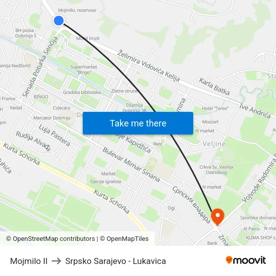 Mojmilo II to Srpsko Sarajevo - Lukavica map