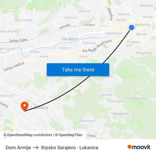 Dom Armije to Srpsko Sarajevo - Lukavica map