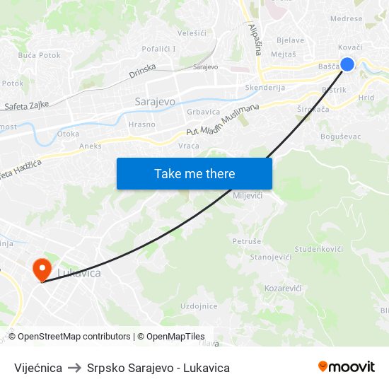 Vijećnica to Srpsko Sarajevo - Lukavica map