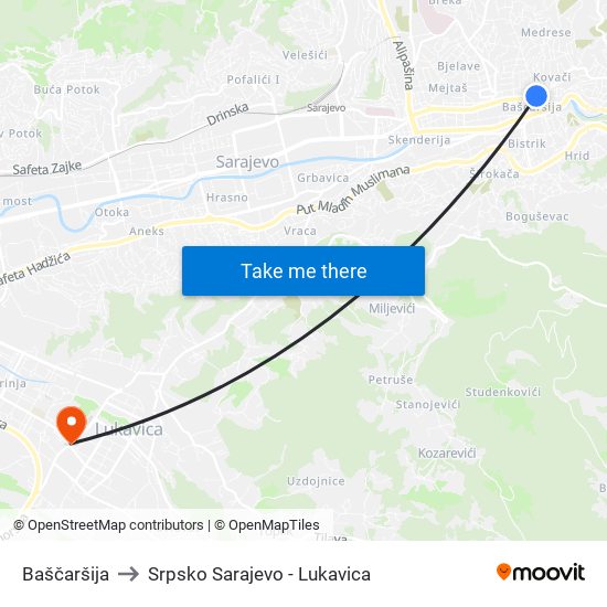 Baščaršija to Srpsko Sarajevo - Lukavica map