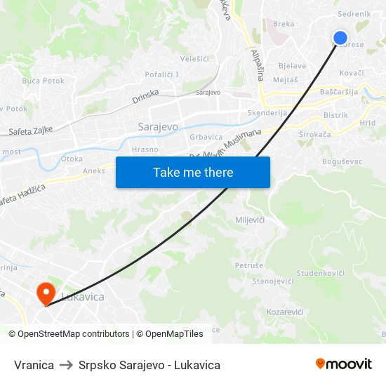 Vranica to Srpsko Sarajevo - Lukavica map
