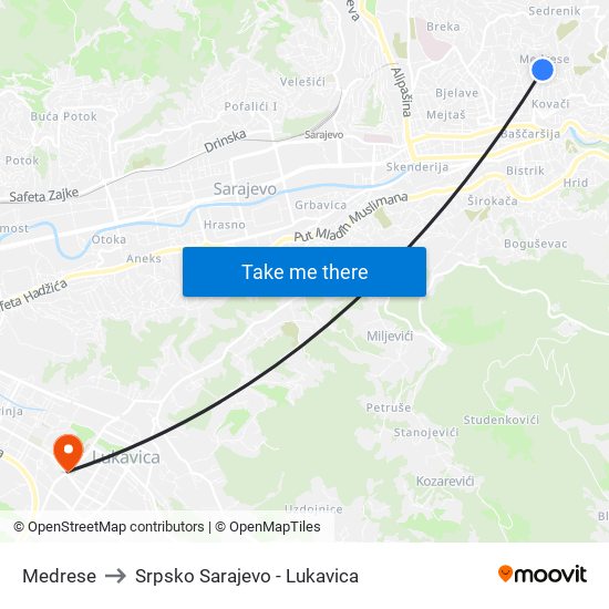 Medrese to Srpsko Sarajevo - Lukavica map