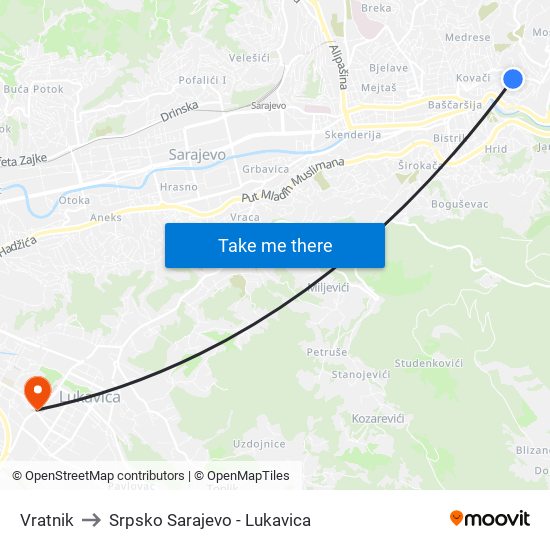 Vratnik to Srpsko Sarajevo - Lukavica map