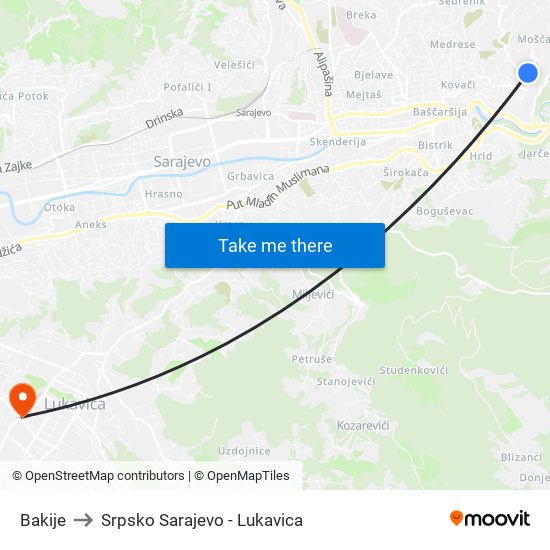Bakije to Srpsko Sarajevo - Lukavica map