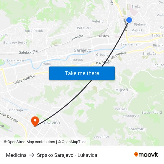 Medicina to Srpsko Sarajevo - Lukavica map