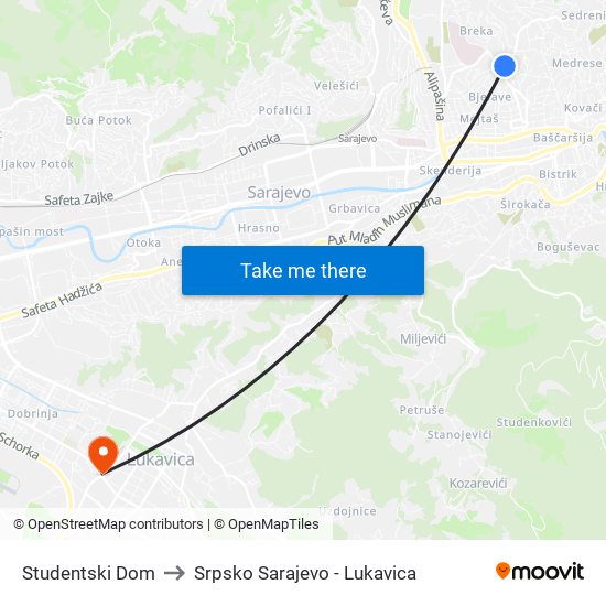 Studentski Dom to Srpsko Sarajevo - Lukavica map