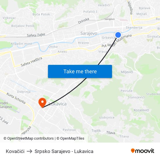 Kovačići to Srpsko Sarajevo - Lukavica map