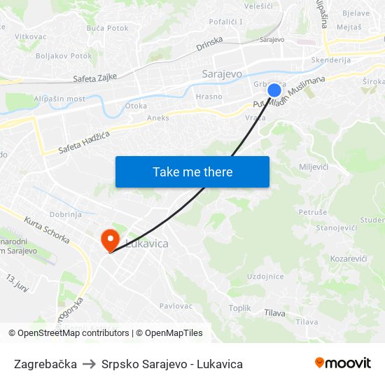 Zagrebačka to Srpsko Sarajevo - Lukavica map