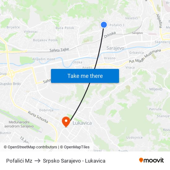 Pofalići Mz to Srpsko Sarajevo - Lukavica map