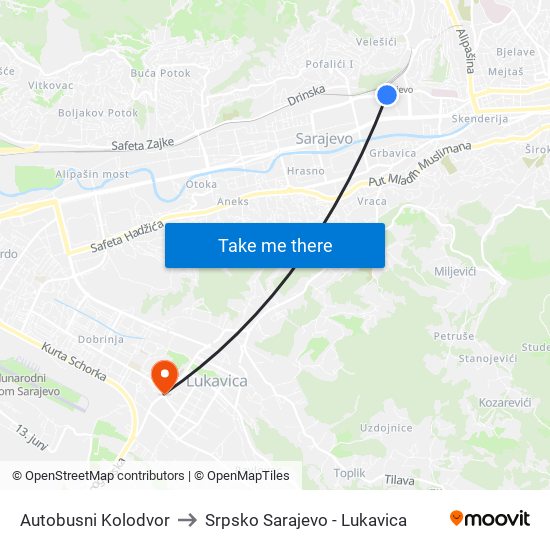 Autobusni Kolodvor to Srpsko Sarajevo - Lukavica map