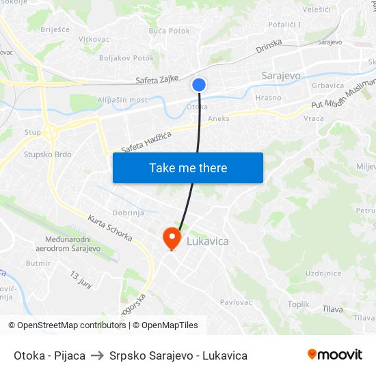 Otoka - Pijaca to Srpsko Sarajevo - Lukavica map