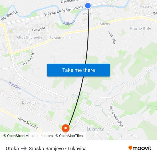 Otoka to Srpsko Sarajevo - Lukavica map