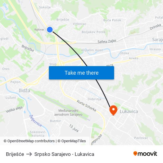 Briješće to Srpsko Sarajevo - Lukavica map