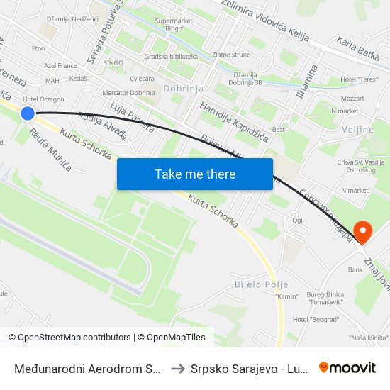 Međunarodni Aerodrom Sarajevo to Srpsko Sarajevo - Lukavica map