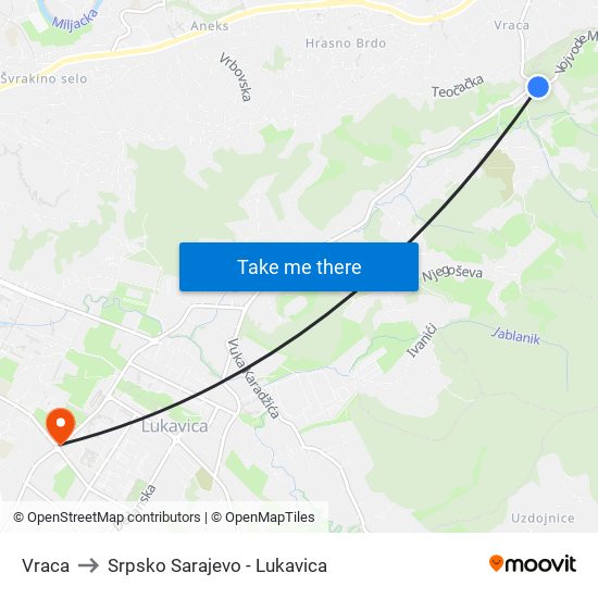 Vraca to Srpsko Sarajevo - Lukavica map