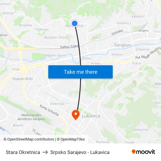 Stara Okretnica to Srpsko Sarajevo - Lukavica map